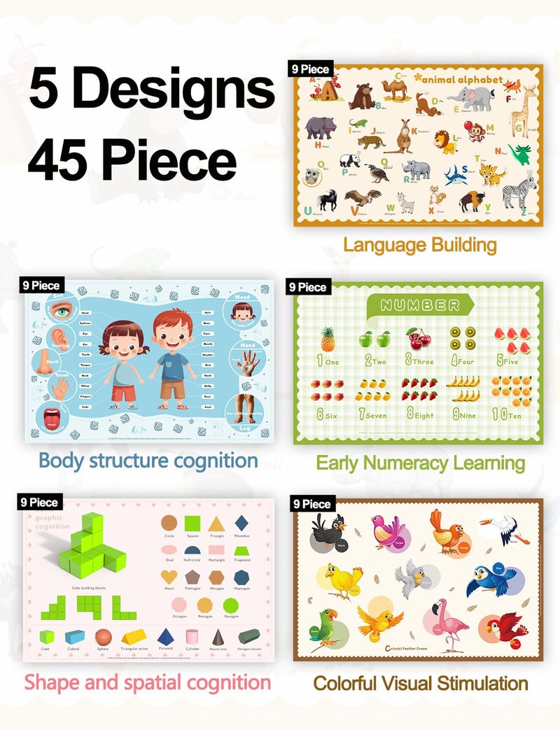 KAshack 45 Pack Sticky Disposable Placemats for Baby & Toddlers,Toddler Placemat 12"x18" Kids Table Mat for Party, Picnic Table, Restaurants Dining Table Travel Essentials for Toddlers with 5 Designs - Image 2