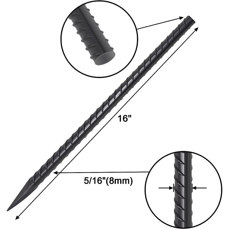 Vvokgo Rebarstakes 16 Inches Rebar Stakes (12Pcs) Ground Anchors Steel Plant Support Garden Stake Metal Straight Camping Spikes With Chisel Point End  Black - Image 2