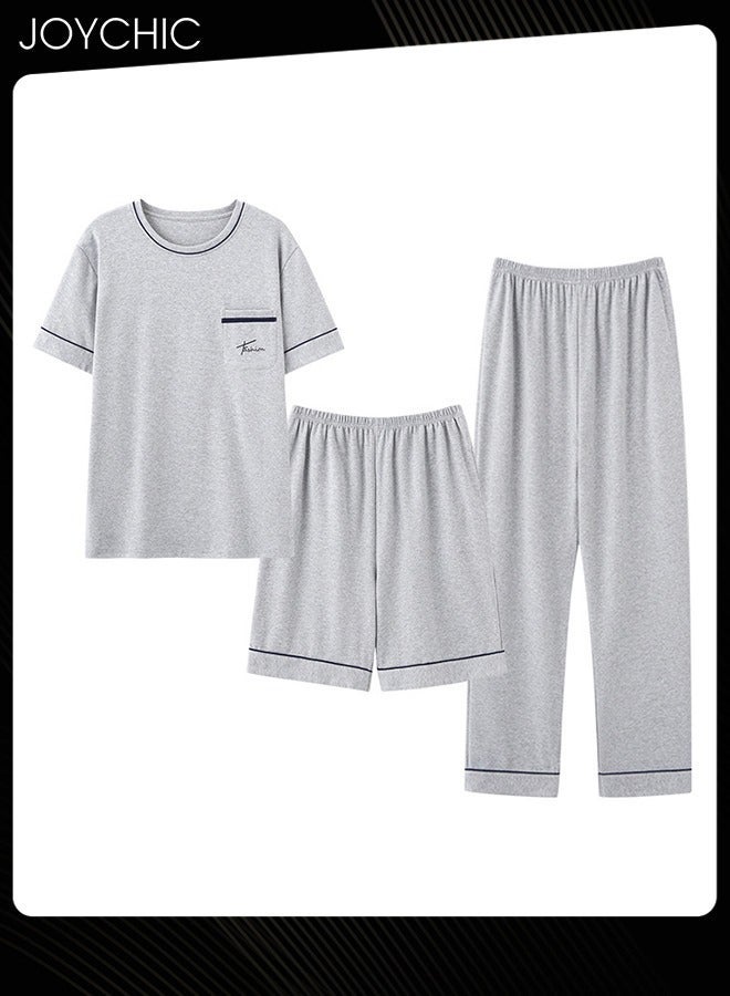NIBEMINENT 3 Piece Solid Color Men's Pajamas Short-sleeved +Shorts+ Trouser Set Casual Modal Breathable Wear-resistant Sleepwear Youth Homewear for Spring Summer Autumn Light Grey - Image 1