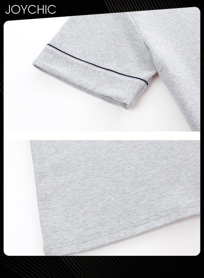 NIBEMINENT 3 Piece Solid Color Men's Pajamas Short-sleeved +Shorts+ Trouser Set Casual Modal Breathable Wear-resistant Sleepwear Youth Homewear for Spring Summer Autumn Light Grey - Image 4