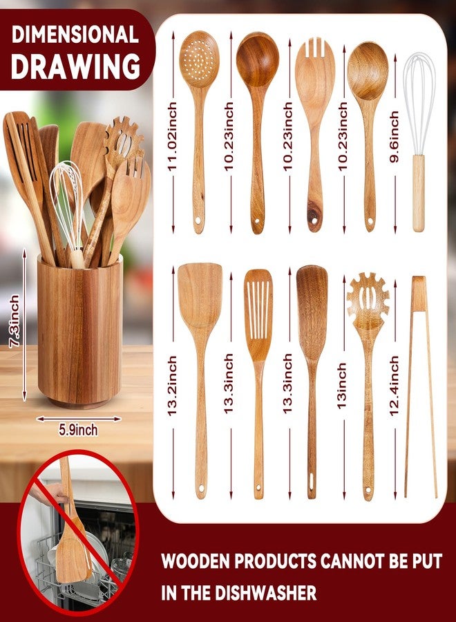 SiliFine مجموعة أدوات مطبخ خشبية من سيليفين مكونة من 11 قطعة مع حامل دوار 360 درجة، مقاس 7.3 بوصة × 5.9 بوصة، مصنوعة من خشب الأكاسيا، تتضمن ملاعق طهي وملاعق مسطحة لأواني الطهي غير اللاصقة، مناسبة للاستخدام على أسطح المطابخ (طبيعية). - Image 2