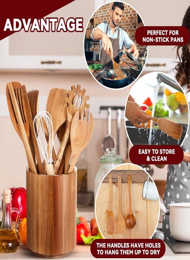 SiliFine مجموعة أدوات مطبخ خشبية من سيليفين مكونة من 11 قطعة مع حامل دوار 360 درجة، مقاس 7.3 بوصة × 5.9 بوصة، مصنوعة من خشب الأكاسيا، تتضمن ملاعق طهي وملاعق مسطحة لأواني الطهي غير اللاصقة، مناسبة للاستخدام على أسطح المطابخ (طبيعية). - Image 4