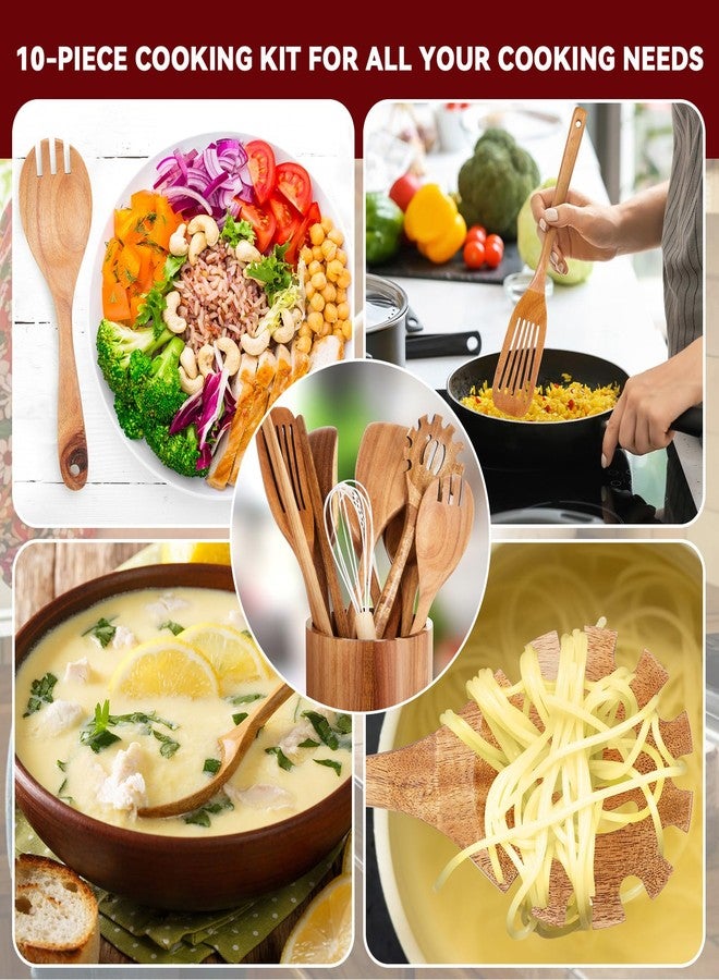 SiliFine مجموعة أدوات مطبخ خشبية من سيليفين مكونة من 11 قطعة مع حامل دوار 360 درجة، مقاس 7.3 بوصة × 5.9 بوصة، مصنوعة من خشب الأكاسيا، تتضمن ملاعق طهي وملاعق مسطحة لأواني الطهي غير اللاصقة، مناسبة للاستخدام على أسطح المطابخ (طبيعية). - Image 5