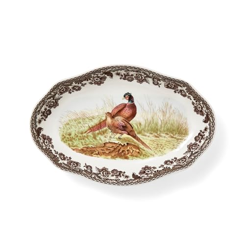 Spode Woodland Pheasant Pickle Dish - 8.5" Porcelain Tray with British Flowers Border & Scalloped Edge, Microwave, Dishwasher, Oven & Freezer Safe - Rustic Serveware for Appetizers & Sides - Image 1
