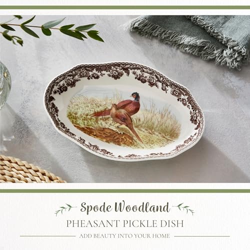 Spode Woodland Pheasant Pickle Dish - 8.5" Porcelain Tray with British Flowers Border & Scalloped Edge, Microwave, Dishwasher, Oven & Freezer Safe - Rustic Serveware for Appetizers & Sides - Image 2
