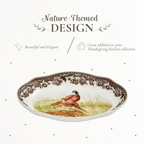 Spode Woodland Pheasant Pickle Dish - 8.5" Porcelain Tray with British Flowers Border & Scalloped Edge, Microwave, Dishwasher, Oven & Freezer Safe - Rustic Serveware for Appetizers & Sides - Image 3