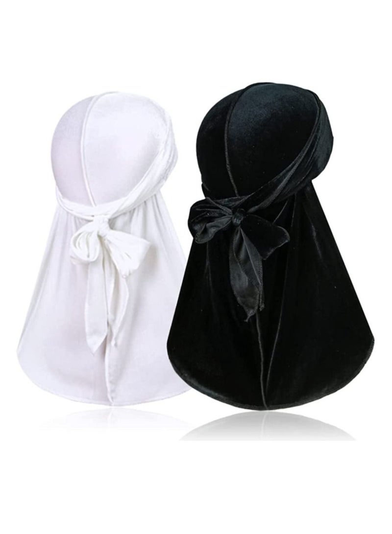 كابتن تيك 2Pcs Velvet Men Durag Premium Durag Cap Headwraps with Extra Long Tail and Wide Straps for 360 Waves  - Image 1