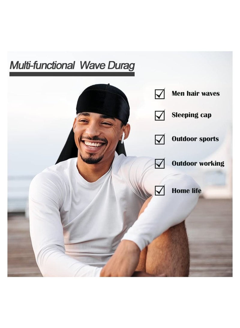 كابتن تيك 2Pcs Velvet Men Durag Premium Durag Cap Headwraps with Extra Long Tail and Wide Straps for 360 Waves  - Image 2