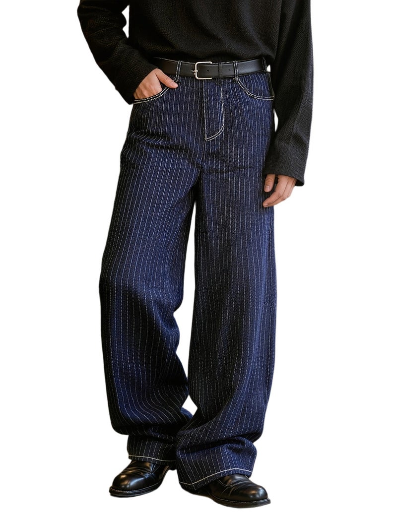 Men'S Vintage Indigo Blue Pinstripe Wide Leg Jeans, Loose Fit Baggy Denim Pants with Contrast White Stitching, Casual Streetwear Trousers for Daily Wear, Retro Workwear Style Straight Leg Je - Image 1