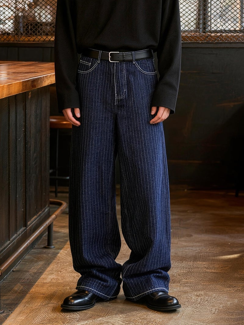 Men'S Vintage Indigo Blue Pinstripe Wide Leg Jeans, Loose Fit Baggy Denim Pants with Contrast White Stitching, Casual Streetwear Trousers for Daily Wear, Retro Workwear Style Straight Leg Je - Image 2