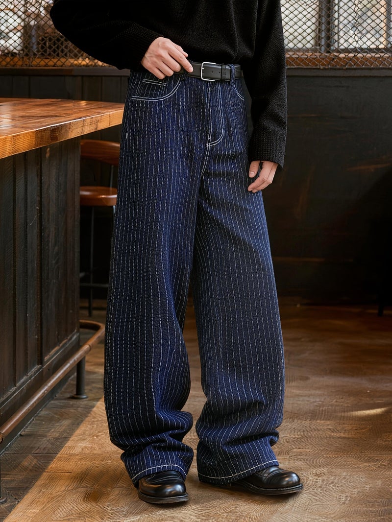Men'S Vintage Indigo Blue Pinstripe Wide Leg Jeans, Loose Fit Baggy Denim Pants with Contrast White Stitching, Casual Streetwear Trousers for Daily Wear, Retro Workwear Style Straight Leg Je - Image 3