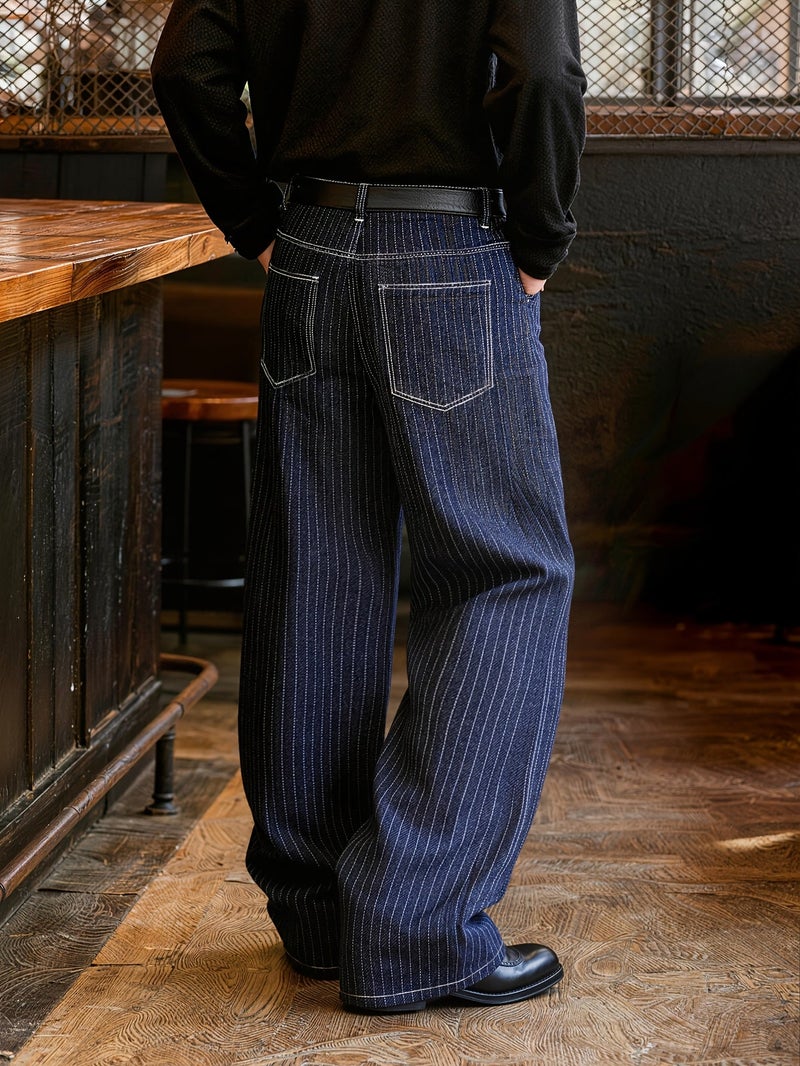 Men'S Vintage Indigo Blue Pinstripe Wide Leg Jeans, Loose Fit Baggy Denim Pants with Contrast White Stitching, Casual Streetwear Trousers for Daily Wear, Retro Workwear Style Straight Leg Je - Image 5