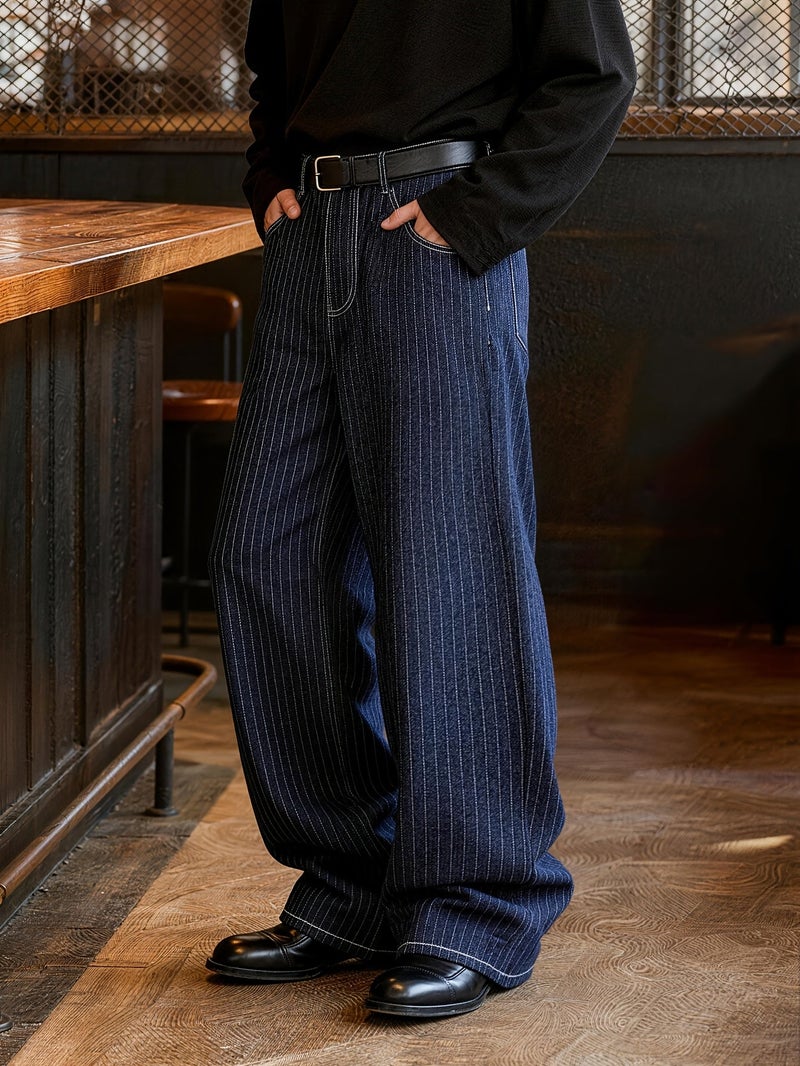 Men'S Vintage Indigo Blue Pinstripe Wide Leg Jeans, Loose Fit Baggy Denim Pants with Contrast White Stitching, Casual Streetwear Trousers for Daily Wear, Retro Workwear Style Straight Leg Je - Image 4