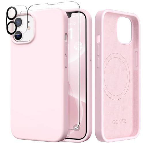 GONEZ Magnetic for iPhone 12 Case / 12 Pro Case, Compatible with MagSafe, [Screen Protector + Camera Lens Protector], Silicone Shockproof Anti-Scratch Protective Phone Case 6.1 inch, Chalk Pink - Image 1