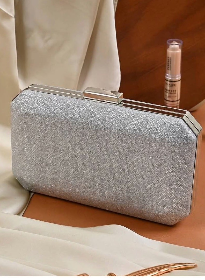 Elegant Matte Silver Clutch – Soft Sparkle Texture – European Made & Imported – Ideal for Formal Evenings - Image 1