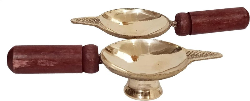 PUHUHP Aarti Diya with Wooden Handle Brass Diya Diyas Oil Lamps Chirag Deepak Wick Lamp Deep Oil Ghee Jyot Diya for Aarti Diwali Navratras Lighting Hawan Puja Pooja Temple Home Office  - Image 5