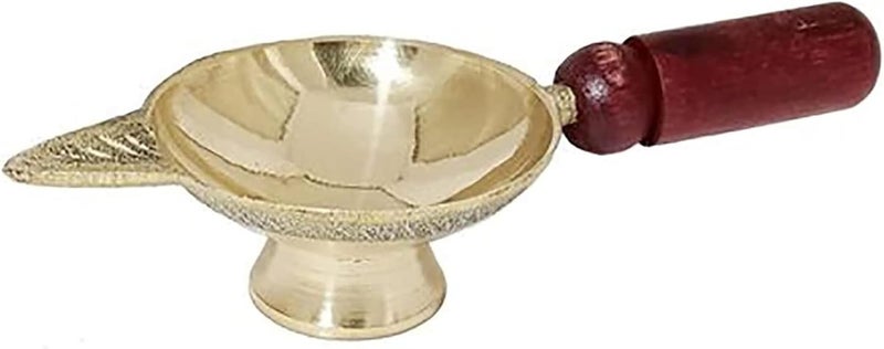 PUHUHP Aarti Diya with Wooden Handle Brass Diya Diyas Oil Lamps Chirag Deepak Wick Lamp Deep Oil Ghee Jyot Diya for Aarti Diwali Navratras Lighting Hawan Puja Pooja Temple Home Office  - Image 1