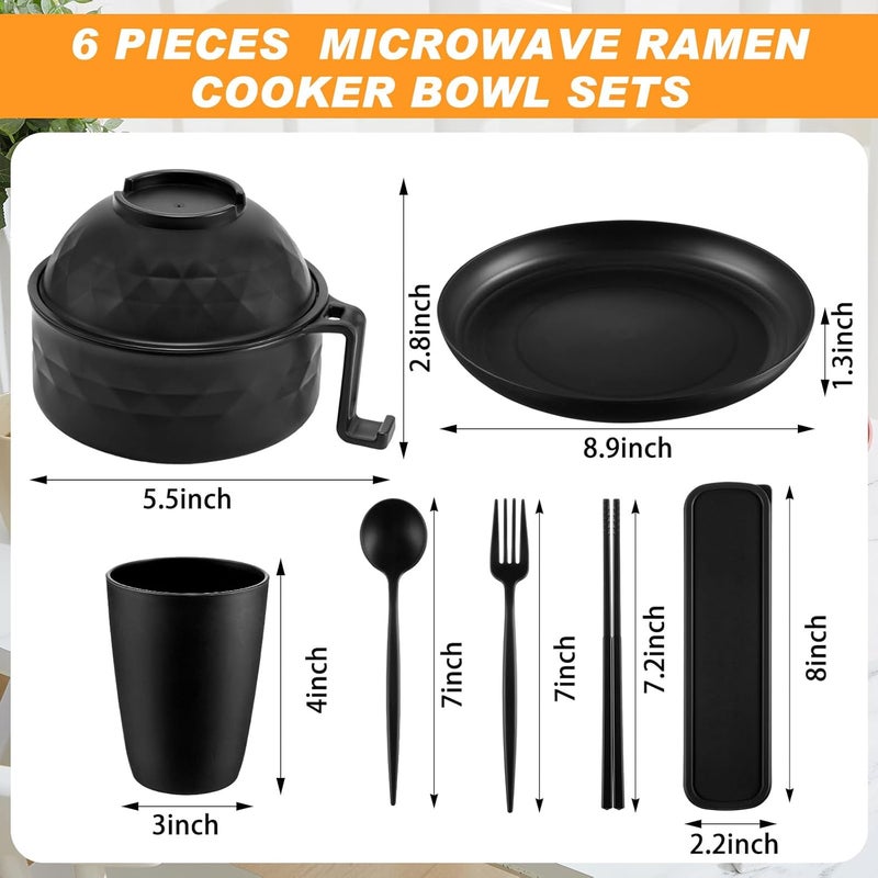 Romooa Ramen Cooker Microwavable Set Camping Mess Kit for 1 Person Wheat Straw Dinnerware Sets with 33oz Ramen BowlPlatesCups and Cutlery BoxDishwasher Set Camping College Dorm UtensilsBlack - Image 2