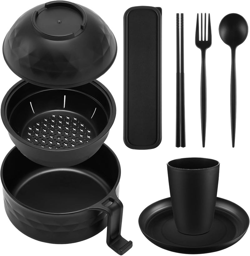 Romooa Ramen Cooker Microwavable Set Camping Mess Kit for 1 Person Wheat Straw Dinnerware Sets with 33oz Ramen BowlPlatesCups and Cutlery BoxDishwasher Set Camping College Dorm UtensilsBlack - Image 1