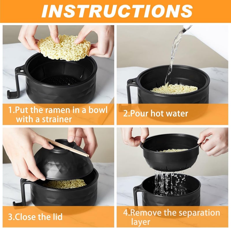 Romooa Ramen Cooker Microwavable Set Camping Mess Kit for 1 Person Wheat Straw Dinnerware Sets with 33oz Ramen BowlPlatesCups and Cutlery BoxDishwasher Set Camping College Dorm UtensilsBlack - Image 3