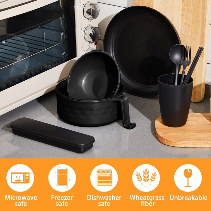 Romooa Ramen Cooker Microwavable Set Camping Mess Kit for 1 Person Wheat Straw Dinnerware Sets with 33oz Ramen BowlPlatesCups and Cutlery BoxDishwasher Set Camping College Dorm UtensilsBlack - Image 5