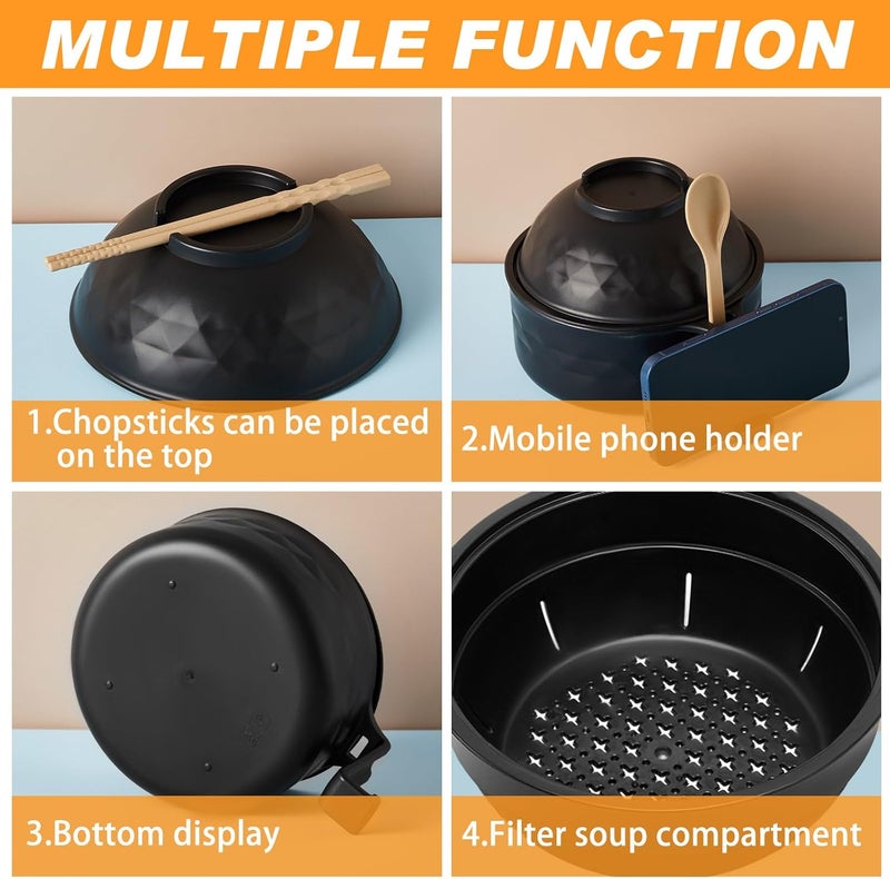 Romooa Ramen Cooker Microwavable Set Camping Mess Kit for 1 Person Wheat Straw Dinnerware Sets with 33oz Ramen BowlPlatesCups and Cutlery BoxDishwasher Set Camping College Dorm UtensilsBlack - Image 4