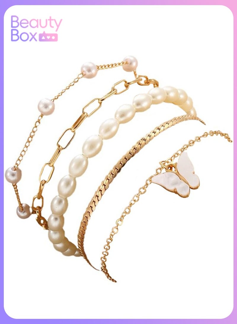 طقم أساور نسائي مذهب 5 قطع، أساور لؤلؤ وسلاسل قابلة للتعديل، هدايا أنيقة للنساء - Image 1