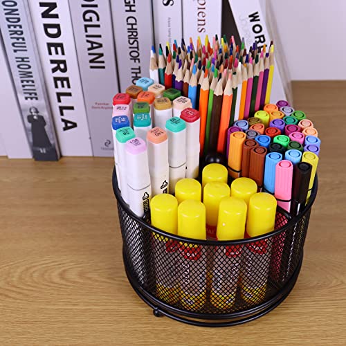 Flytreal Pen Holder for Desk, 360 Rotating Mesh Pencil Organizer Marker Storage Caddy, Black Large Capacity Desktop Stationery Organizer, 4 Compartments for Home Office School Kids Art Supplies - Image 5