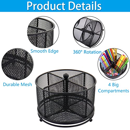 Flytreal Pen Holder for Desk, 360 Rotating Mesh Pencil Organizer Marker Storage Caddy, Black Large Capacity Desktop Stationery Organizer, 4 Compartments for Home Office School Kids Art Supplies - Image 2