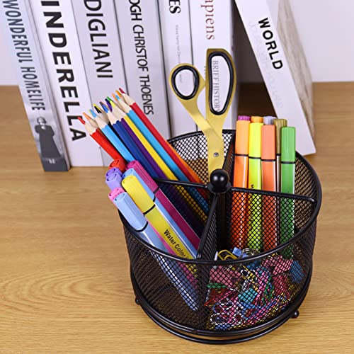 Flytreal Pen Holder for Desk, 360 Rotating Mesh Pencil Organizer Marker Storage Caddy, Black Large Capacity Desktop Stationery Organizer, 4 Compartments for Home Office School Kids Art Supplies - Image 4