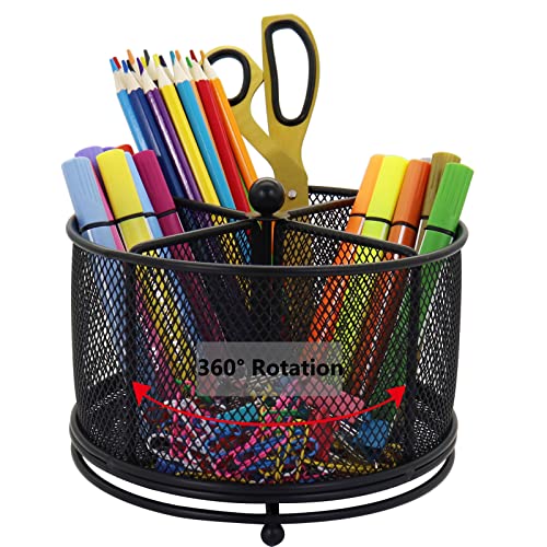 Flytreal Pen Holder for Desk, 360 Rotating Mesh Pencil Organizer Marker Storage Caddy, Black Large Capacity Desktop Stationery Organizer, 4 Compartments for Home Office School Kids Art Supplies - Image 1