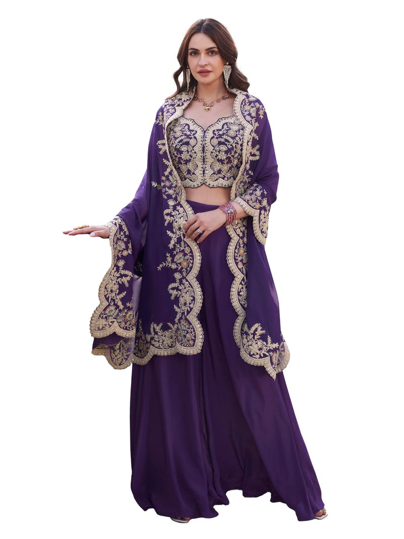 TRENDMALLS Women's Art Silk Embroidery Crop Top With Palazzo And Shrug Set Ethnic Salwar Suit (G348-Purple-M) - Image 1