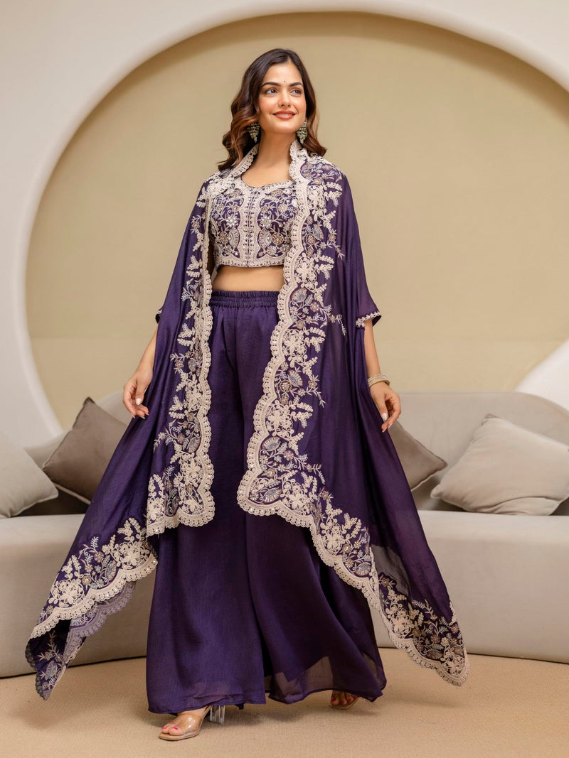 TRENDMALLS Women's Art Silk Embroidery Crop Top With Palazzo And Shrug Set Ethnic Salwar Suit (G348-Purple-M) - Image 3