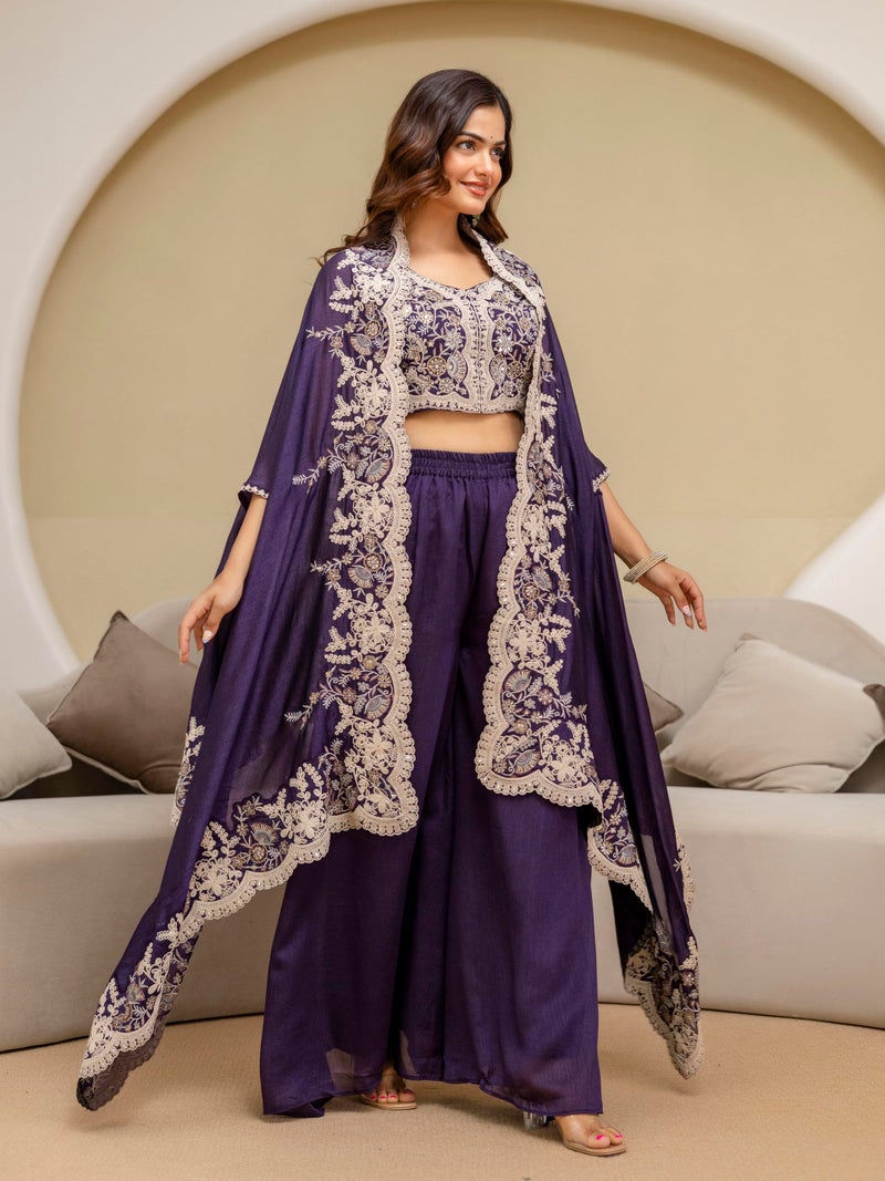 TRENDMALLS Women's Art Silk Embroidery Crop Top With Palazzo And Shrug Set Ethnic Salwar Suit (G348-Purple-M) - Image 4