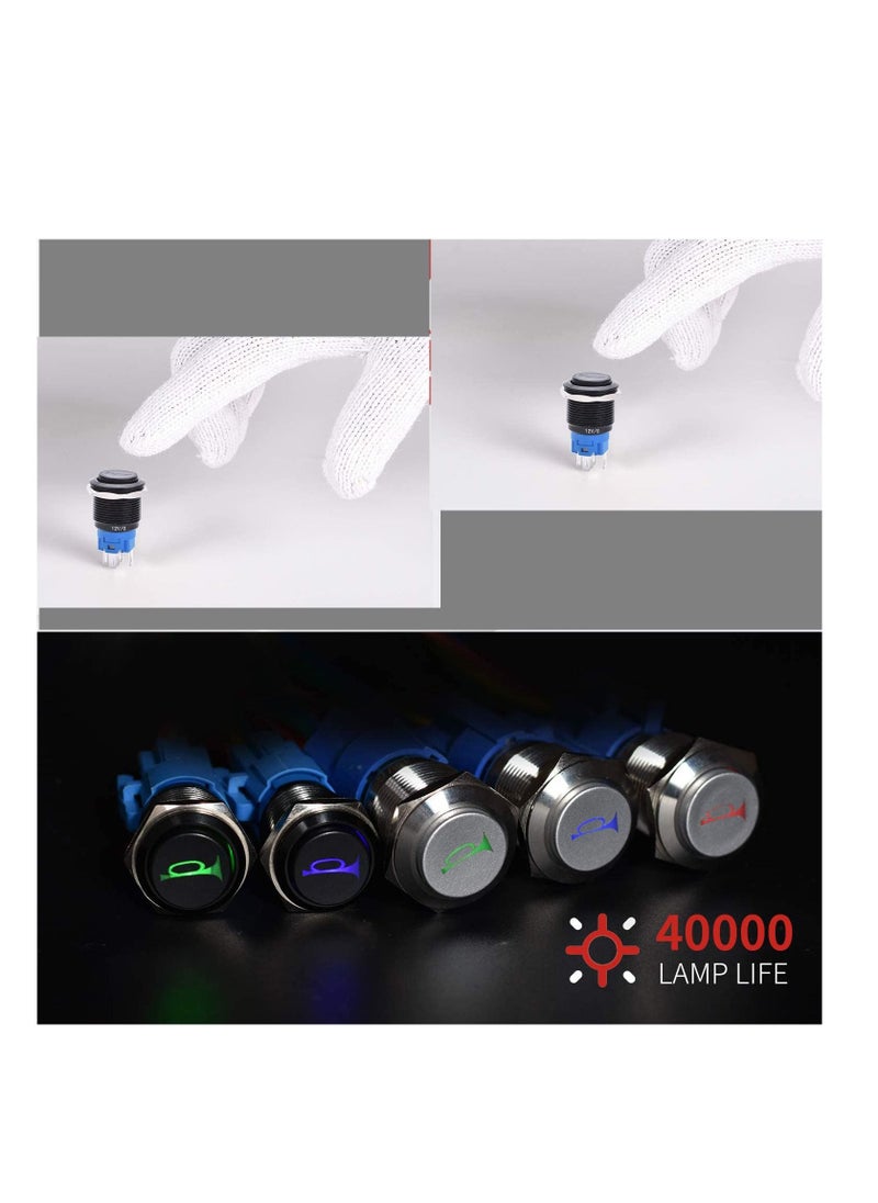 SYOSI - 19mm 12V Momentary Speaker Horn Push Button Toggle Switch 3/4" Mounting Hole 1NO 1NC SPDT with Pre-Wiring Socket for Car Auto Motor Aluminium Alloy, Push Button Latching Switch (Blue/Black Shell) - Image 1