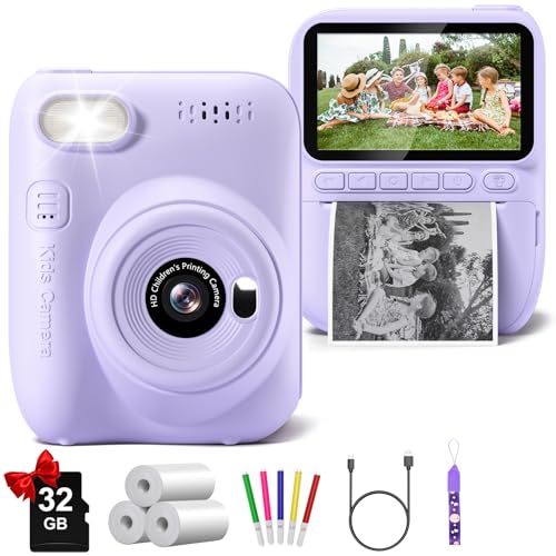 Gofunly Kids Camera Instant Print 30 HD 32MP Kids Camera Christmas Birthday Gifts for 3 4 5 6 7 8 9 10 11 12 Year Old Girls Boys 32GB SD CardPurple - Image 1