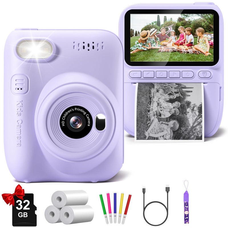 Gofunly Kids Camera Instant Print 30 HD 32MP Kids Camera Christmas Birthday Gifts for 3 4 5 6 7 8 9 10 11 12 Year Old Girls Boys 32GB SD CardPurple - Image 2