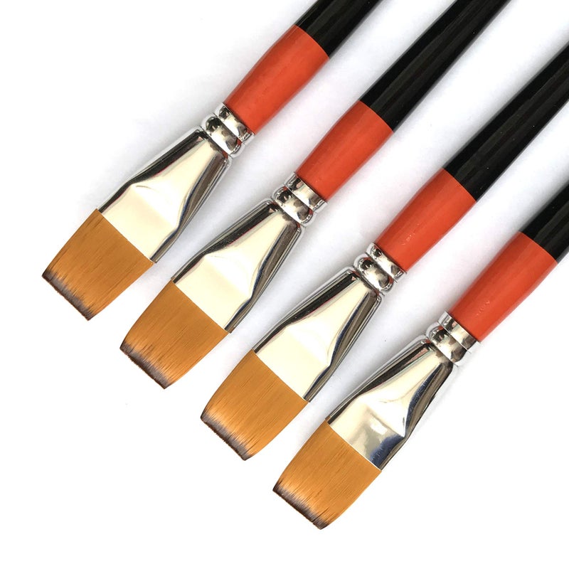ONE HAPPY CHOICE One Inch Flat Bright Paint Brush Pack of 4 Premium Quality Synthetic Sable Hair for Acrylic Watercolor Oil Gouache Painting by Students Professionals and Artists