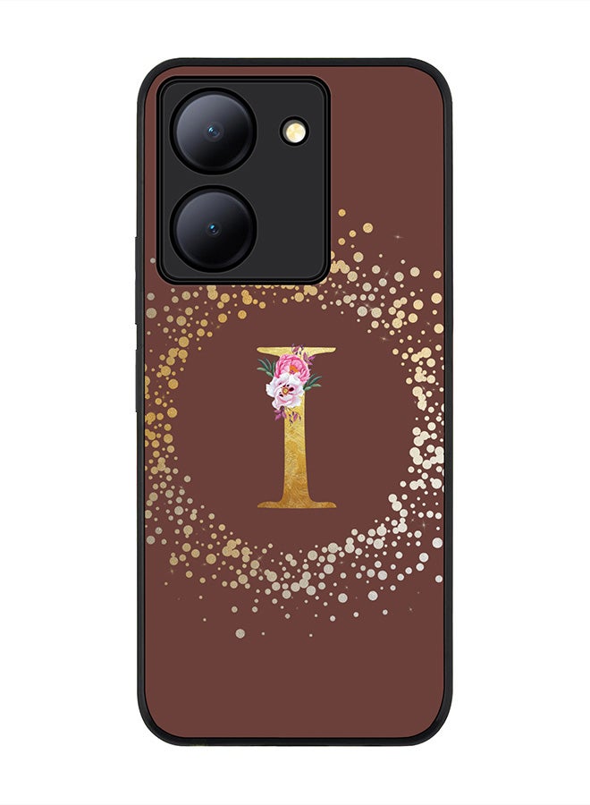 Rugged Black Edge case for Vivo Y27s/ Vivo Y27 5G,Slim fit Flexible Cover - Custom Monogram Initial Letter Floral Pattern Alphabet - I (Brown)