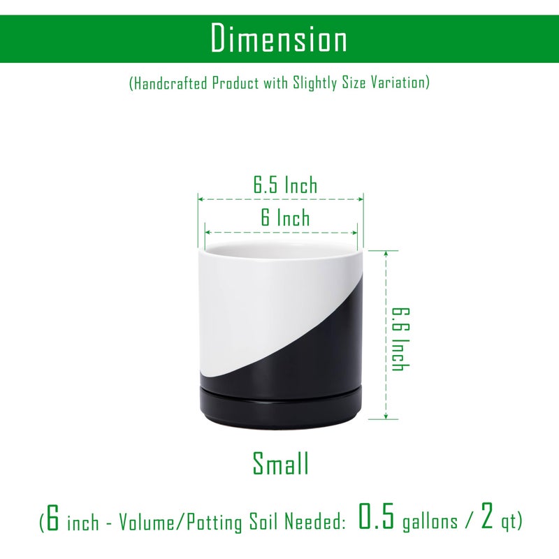 D'vine Dev 6.5 Inch Ceramic Planter Pot with Drainage Hole and Saucer, Indoor Cylinder Round Planter Pot, Oblique Monochrome Black and White, 94-O-C-K - Image 2