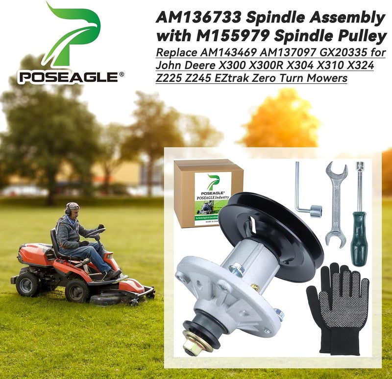 POSEAGLE Pre-Greased AM136733 Spindle Assembly with M155979 Spindle Pulley Replace AM143469 AM137097 GX20335 for John Deere X300 X300R X304 X310 X324 Z225 Z245 EZtrak Zero Turn Mowers - Image 2