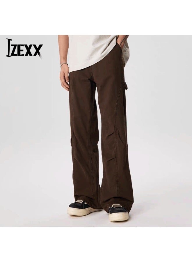 Izexx American Vintage Deconstructed Work Pants Men Autumn Loose Straight Casual Slight Flared Trousers Zxk58 Coffee Color 3XL - Image 1
