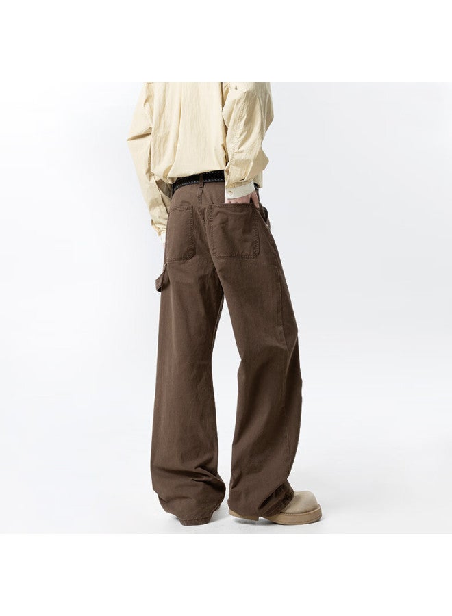 Izexx American Vintage Deconstructed Work Pants Men Autumn Loose Straight Casual Slight Flared Trousers Zxk58 Coffee Color 3XL - Image 3