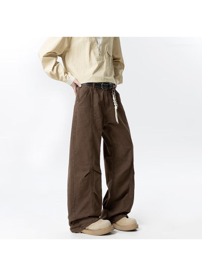 Izexx American Vintage Deconstructed Work Pants Men Autumn Loose Straight Casual Slight Flared Trousers Zxk58 Coffee Color 3XL - Image 5