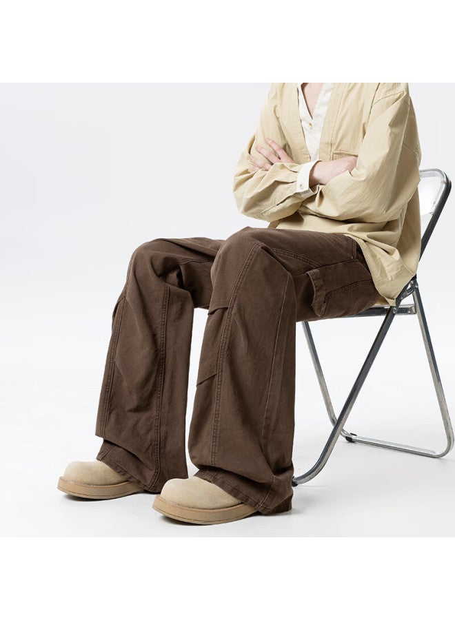 Izexx American Vintage Deconstructed Work Pants Men Autumn Loose Straight Casual Slight Flared Trousers Zxk58 Coffee Color 3XL - Image 4