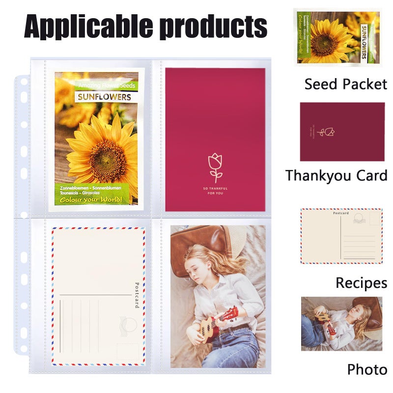 MUQING 60 Pack 240 Pockets Seed Packet Sleeves, Garden Seed Storage Organizer Pages for 3 Ring Binder, Slot Size 3.5"x 5", Sleeves for Seed Protector Holder Container, Postcards Photos Cards - Image 5