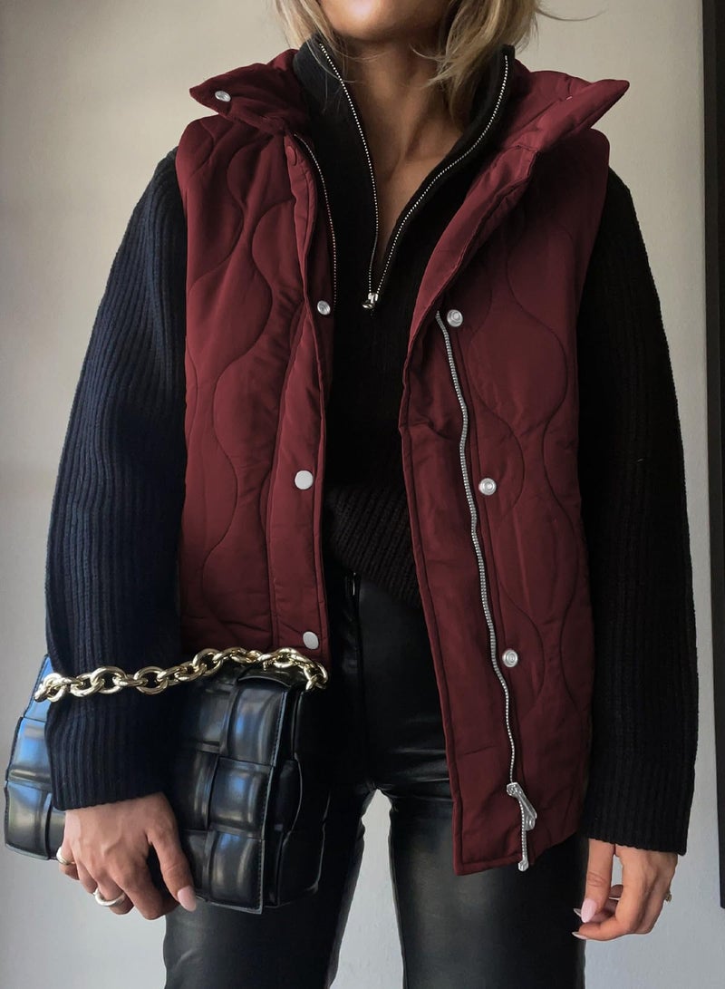 EVALESS Sexy Sleeveless Fall Winter 2025 Jackets for Women Lightweight Stand Collar Cropped Puffer Vest Button Zip Up Quilted Bomber Jacket Warm Coat Outerwear with Pockets Red Large - Image 2