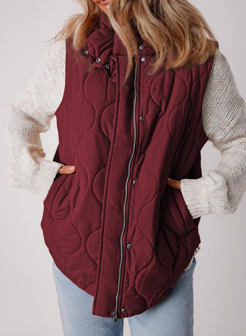 EVALESS Sexy Sleeveless Fall Winter 2025 Jackets for Women Lightweight Stand Collar Cropped Puffer Vest Button Zip Up Quilted Bomber Jacket Warm Coat Outerwear with Pockets Red Large - Image 5