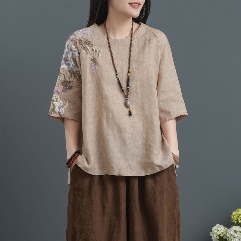 2023 Embroidered Cotton Linen Top Women Khaki - Image 1