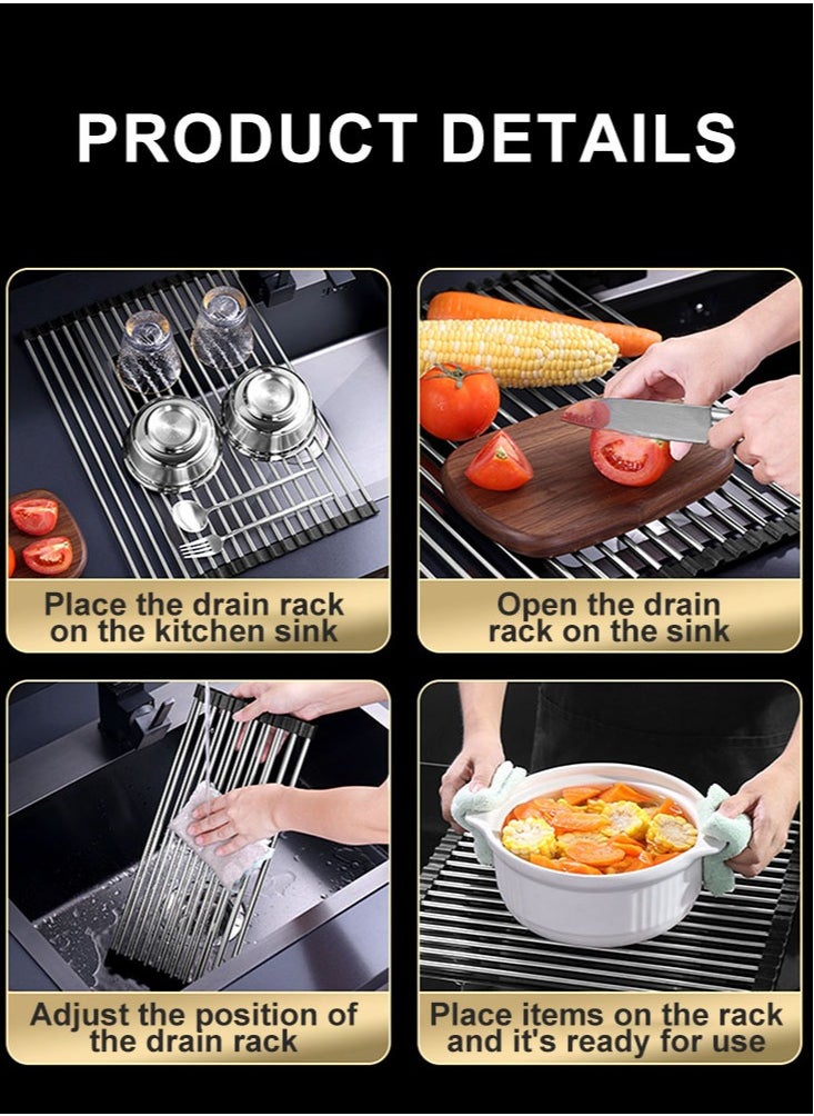Perfii 2pcs Large Roll Up Dish Drying Rack, Multipurpose Stainless Steel Kitchen Drainer Rack Over Sink  - Image 5